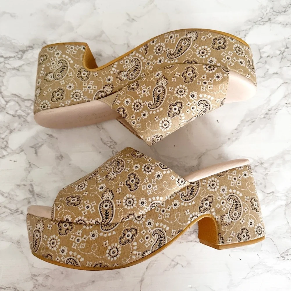 Matisse X Anthro Terry Paisley Tan Platform Slide Sandals Women's Size 8